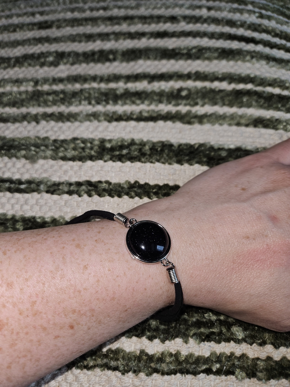 Black Shimmer Round Stone Cabachon & Suede Bracelet